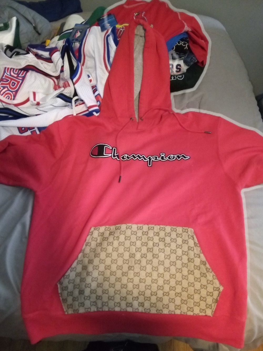 Red Champion Hoodie Sweatshirt With CUSTOM MADE GUCCI Monogram Kangaroo Pocket